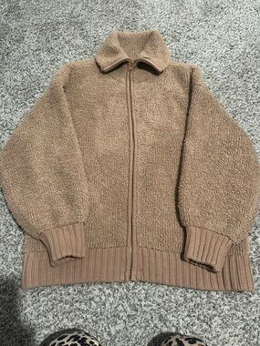 aerie Plush Teddy Zip Jacket in Camel